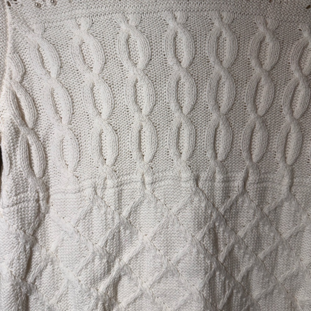WHBM Cable Knit Sweater Mock Neck Embellished Fringe bell sleeve Ivory Small - Picture 2 of 10